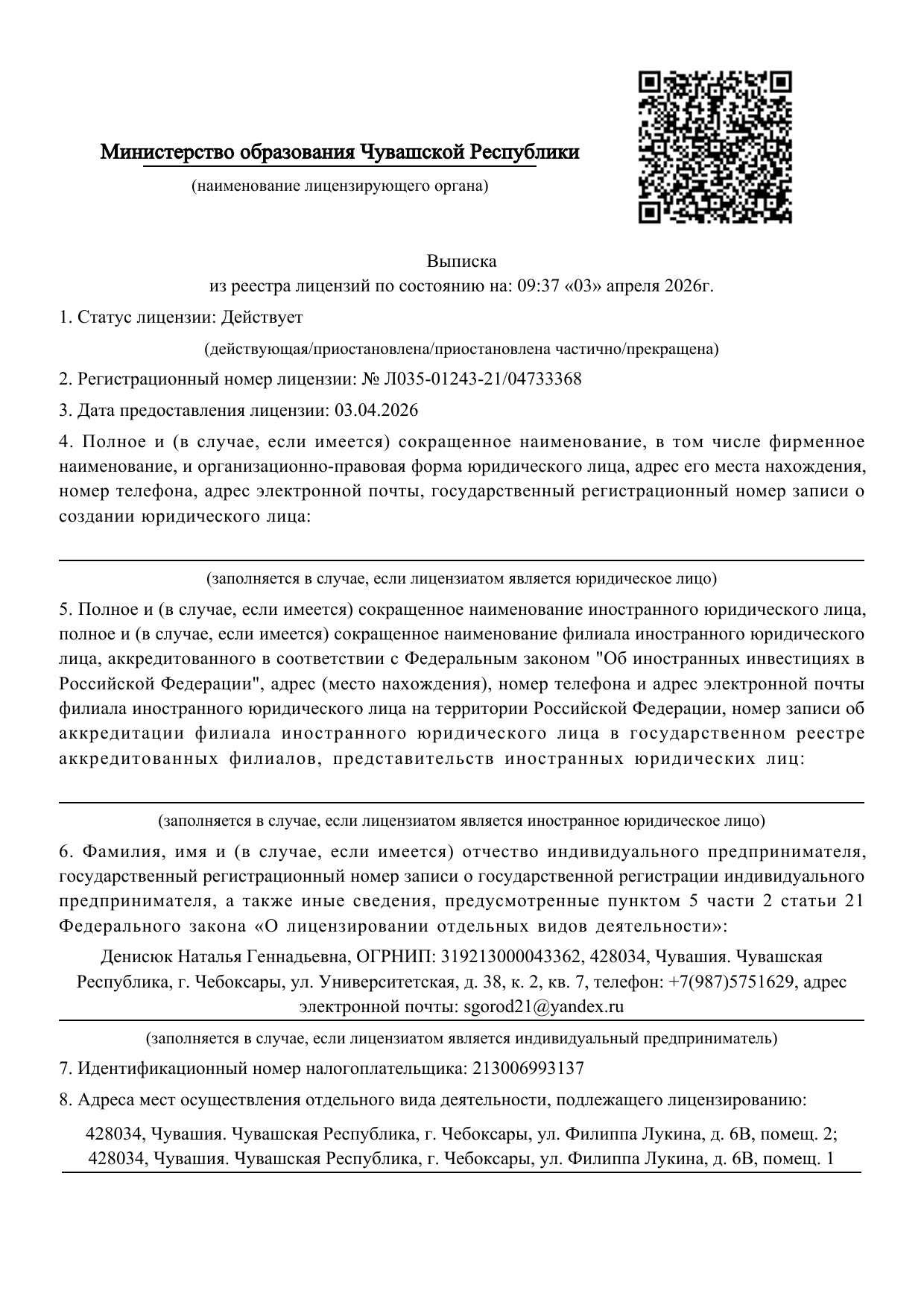 Первая страница выписки из реестра лицензий ИП Денисюк